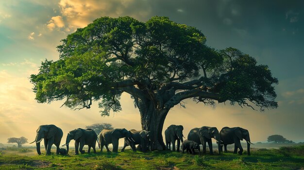 Elephants posing for free photos in the wilderness beneath a large green tree Generative AI