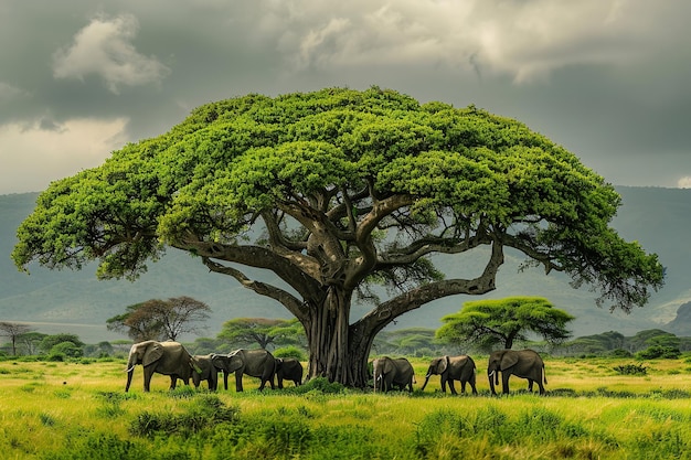 Elephants posing for free photos in the wilderness beneath a large green tree Generative AI