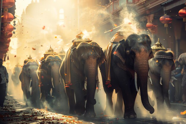 Elephants in Procession india symbol with copy space