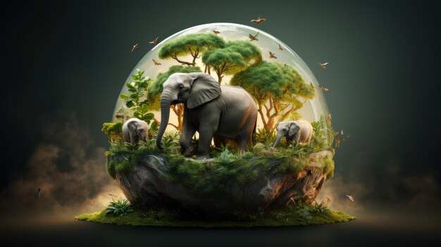 Elephants in a sphere of grass