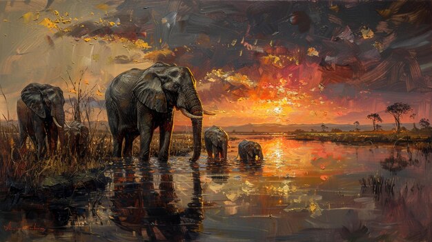 Photo elephants at sunset generative ai