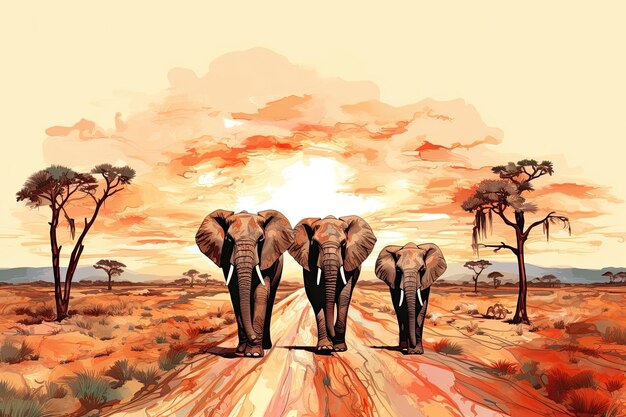 Elephants walking on a desert dirt road as a group Generative AI