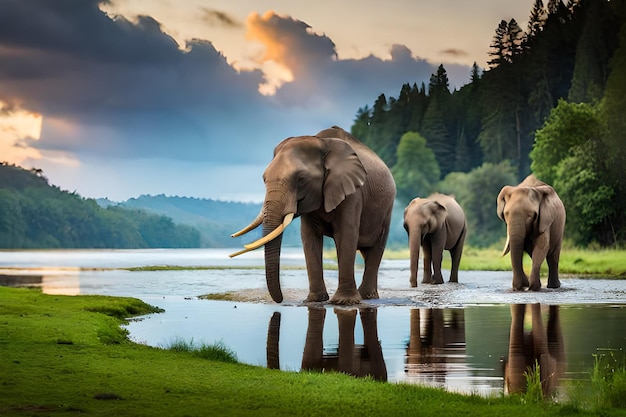 Elephants walking in the river with a cloudy sky in the background