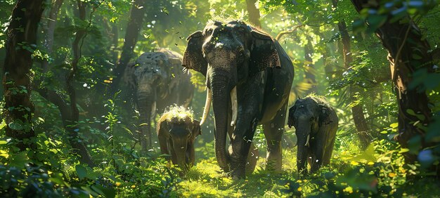 Photo elephants walking through the lush forest