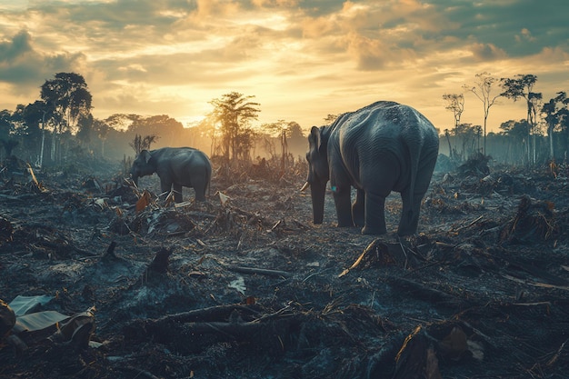 Elephants wander through a cleared landscape highlighting the stark loss of their natural habitat at sunset Generative AI