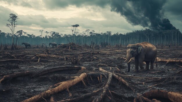 Elephants wander through a devastated landscape showcasing the stark reality of deforestation and its impact on biodiversity Generative AI