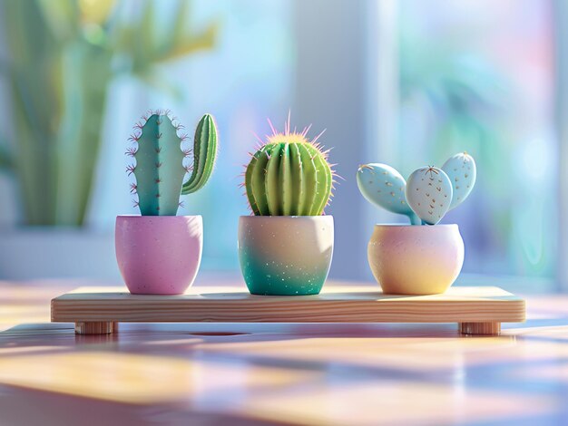 Elevate your apartment decor with three cacti arranged on a wooden pad atop a sleek table