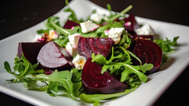 Elevate your salad game with this delicious beet and goat cheese salad featuring sweet roasted beets tangy goat cheese and a crunchy nut topping Generated by AI