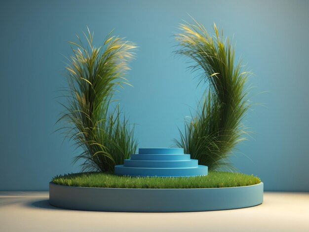 Elevated Nature Grass Podium on a Blue Background with Grass Circle