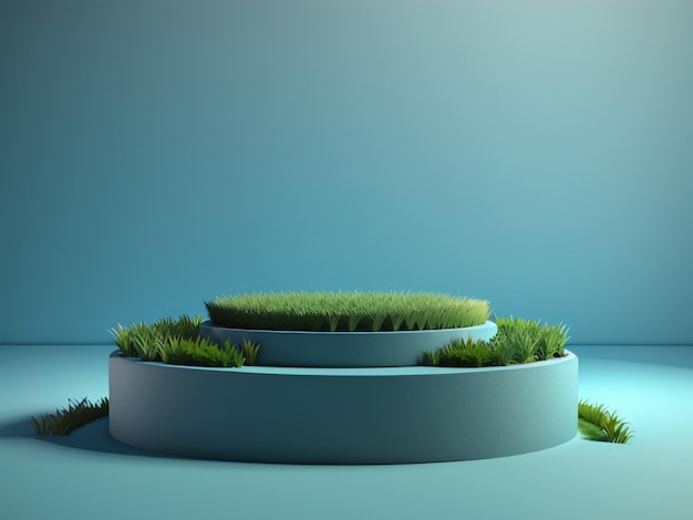 Elevated Nature Grass Podium on a Blue Background with Grass Circle