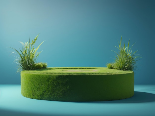 Elevated Nature Grass Podium on a Blue Background with Grass Circle