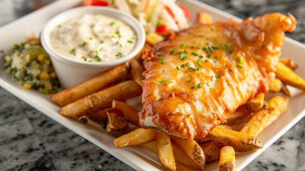 An elevated spin on classic fish and chips featuring a crispy coconutbattered fish served with