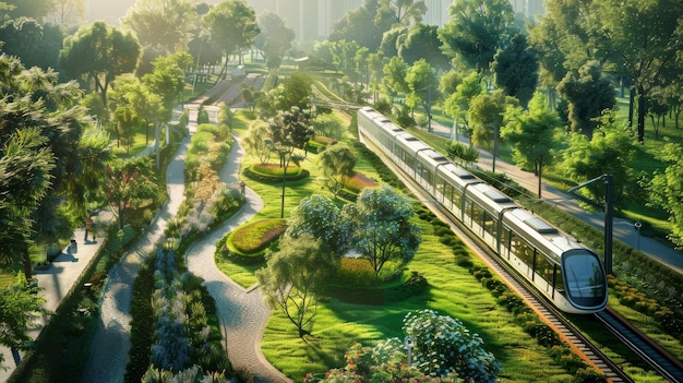 The elevated train runs through a lush green park with a walking path alongside