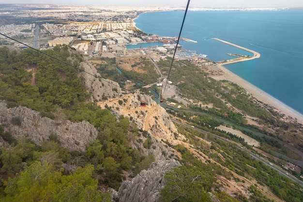 Elevated view of a city from a cableway at the top of a mountain