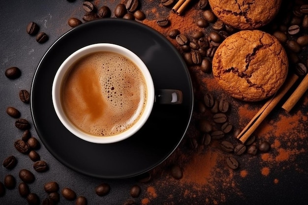 Elevated view of coffee with cookies