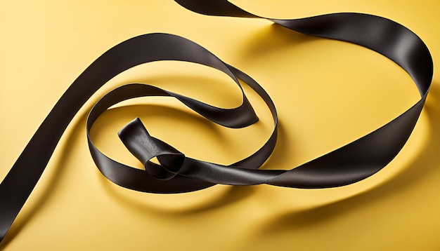 Photo elevated view of curled satin ribbon on yellow background