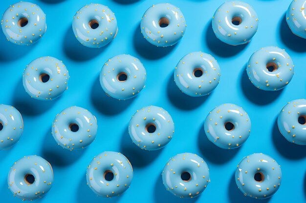 Photo elevated view of donuts on blue background