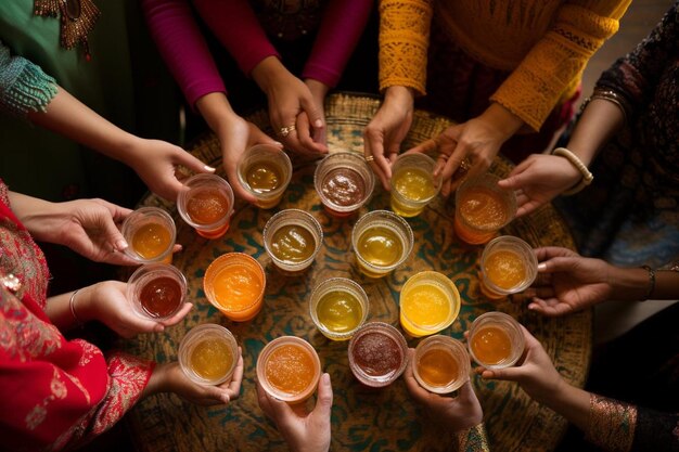 Photo elevated view of friends holding tequila glasses