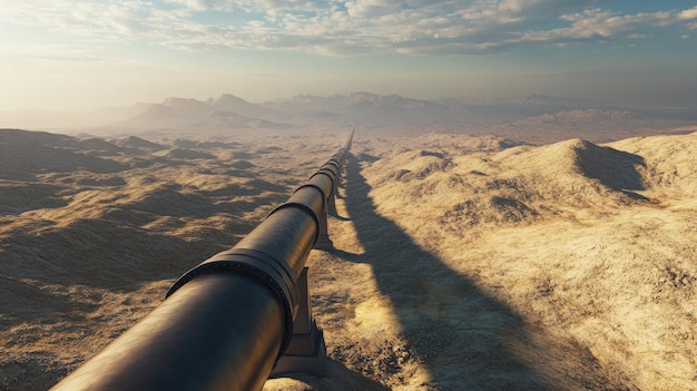 Elevated view of a gas pipeline crossing rugged terrain sky left open for copy space