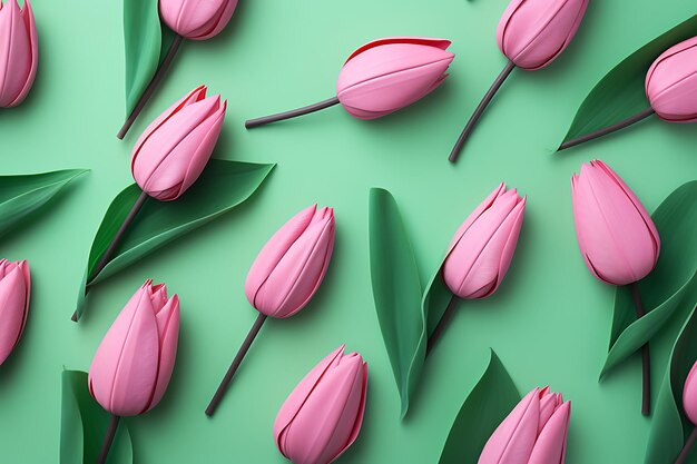 Elevated view of green tulip leaves on pink background