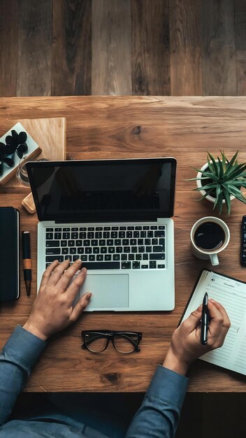 Elevated view of laptop coffee cup diary eyeglasses and potted plant over business desk