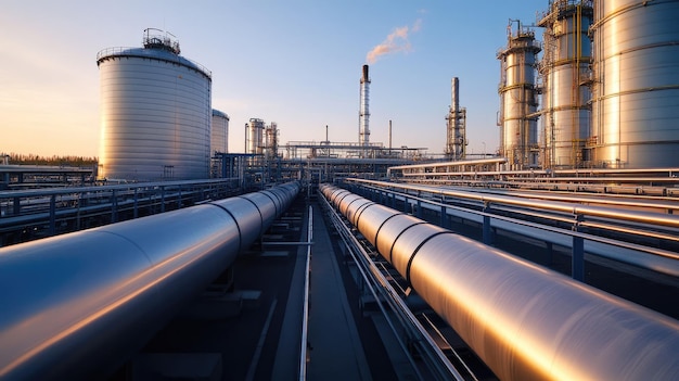 Elevated view of natural gas pipes and storage silos with clear sky for text