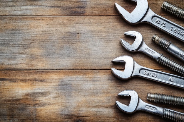 Elevated view of spanners and screws on wooden background