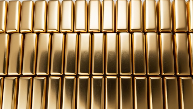 Photo elevated view of a stack of gold bars gold bars lined up top view