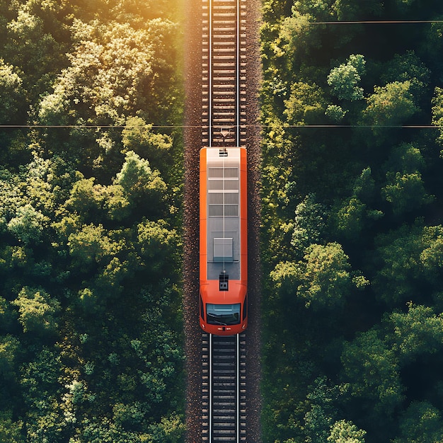 Photo elevated view of train on tracks with energy lines