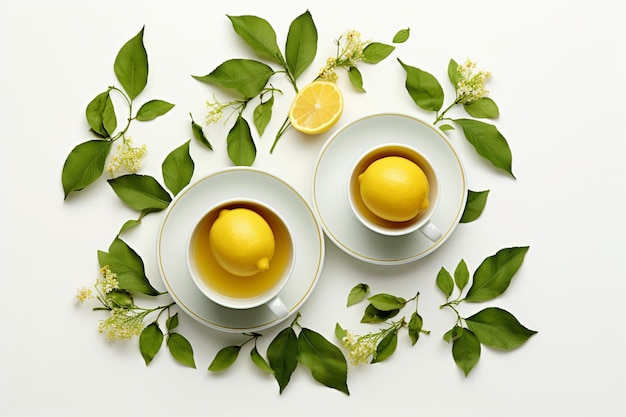 An elevated view of white teapot honey cotton leaves and la stone against white background