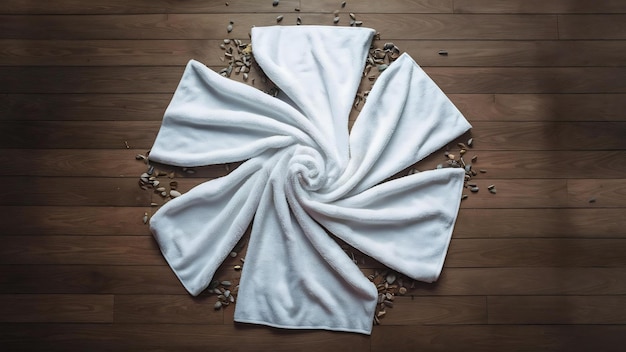 Elevated view of white towel and pebbles on wooden floor