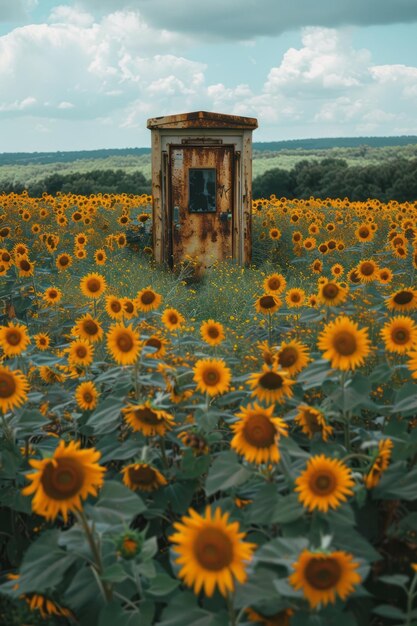 An elevator appearing in the middle of a sunflower field with golden blooms all around