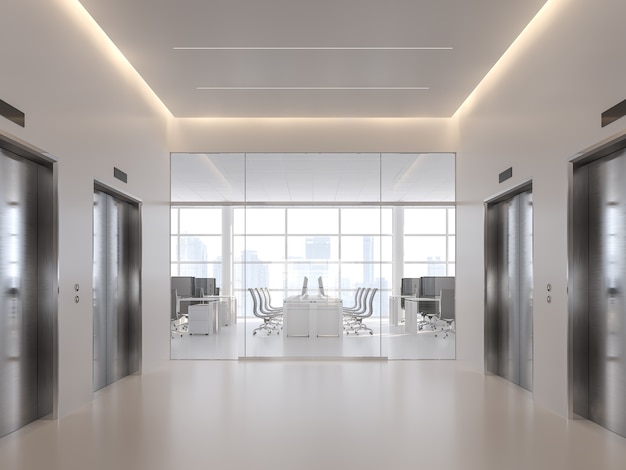 Elevator hall in front of modern office 3d renderwith white floor stainless steel elevator door