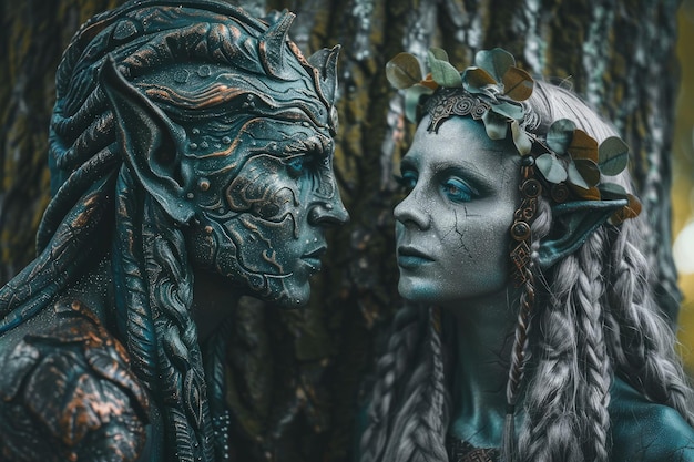 An elf couple stands by a tree embodying detailed mythical fantasy