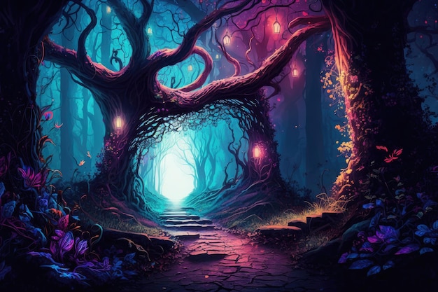 Elf forest with vibrant colors and dramatic lighting for a magical and mystical setting