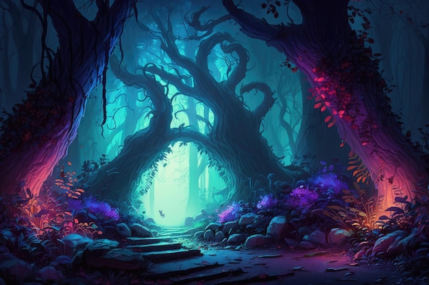 Elf forest with vibrant colors and dramatic lighting for a magical and mystical setting