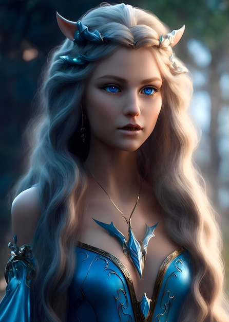 elf queen with pointy ears blue eyes beautiful long hair full body ultra realistic image