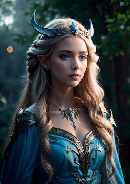 elf queen with pointy ears blue eyes beautiful long hair full body ultra realistic image