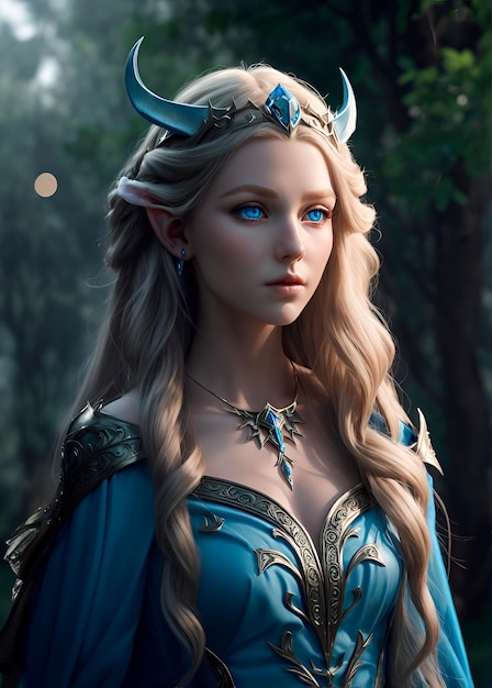 elf queen with pointy ears blue eyes beautiful long hair full body ultra realistic image