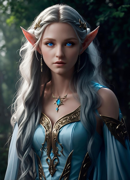 elf queen with pointy ears blue eyes beautiful long hair full body ultra realistic image