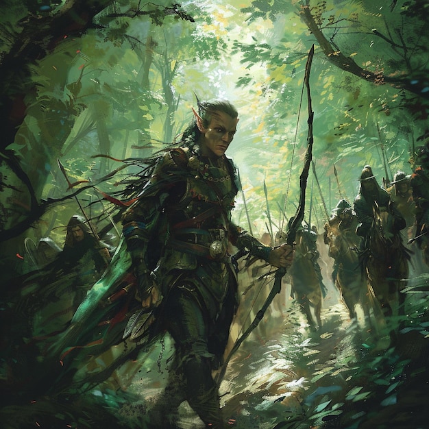 An elf warrior leading a battalion through a dense forest