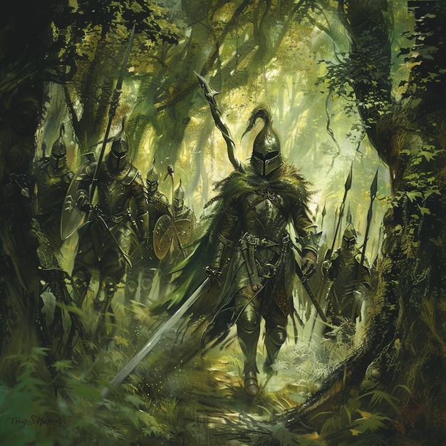 An elf warrior leading a battalion through a dense forest