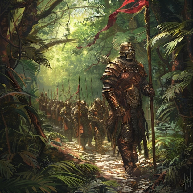 An elf warrior leading a battalion through a dense forest