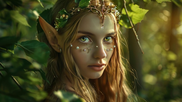 Elf woman princess with a beautiful face behind the leaves Background wallpaper AI generated image