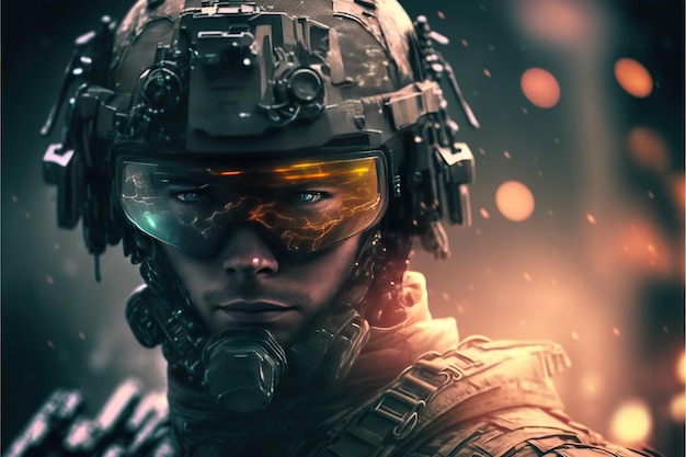 An elite soldier in front of a helicopter Military conflict soldier in full camouflage suit dominance of green colors high resolution art generative AI