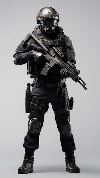 elite unit soldier dressed entirely in black Isolated on minimal background