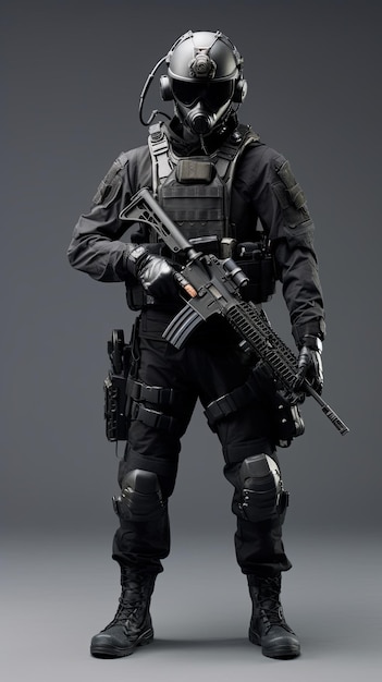 elite unit soldier dressed entirely in black Isolated on minimal background