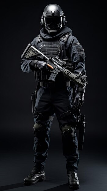 elite unit soldier dressed entirely in black Isolated on minimal background