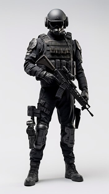 elite unit soldier dressed entirely in black Isolated on minimal background