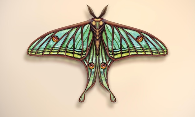 Elizabethan butterfly. Realistic illustration of the Graellsia Isabelae butterfly, with emerald